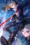  1girl against_glass ahoge black_hair blonde_hair broken_glass brown_hair clenched_teeth closed_mouth evil_smile falling glass highres holding holding_sword holding_weapon hood hoodie hyde_(under_night_in-birth) knife linne looking_down multicolored_hair multiple_boys necktie qitoli red_eyes serious seth_(under_night_in-birth) short_hair shorts smile sword teeth two-tone_hair under_night_in-birth weapon white_hair 