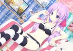  bad_id bad_pixiv_id barrette blush bra breasts cleavage crossed_legs dutch_angle food frame hair_ornament hairclip highres lingerie liong long_hair medium_breasts midriff navel original panties popsicle purple_eyes purple_hair sitting slender solo striped striped_legwear striped_panties thighhighs tongue underwear underwear_only 