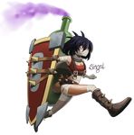  bandages black_hair boots bottle breasts full_body gas genderswap genderswap_(mtf) league_of_legends mask medium_breasts metal pikaboots pouch purple_eyes running shield short_hair singed solo spikes tank_top transparent_background 