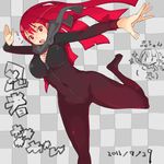  bodysuit breasts catsuit chibi chibi_inset large_breasts long_hair mori_hikiko original red_eyes red_hair scarf solo teriyaki 