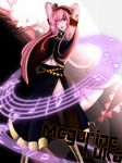  armpits arms_behind_head arms_up belt black_legwear boots cross-laced_footwear green_eyes hairband highres lace-up_boots long_hair megurine_luka multiple_belts music nail_polish navel pink_hair sakayume side_slit skirt sleeveless solo thighhighs very_long_hair vocaloid 