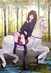  absurdres brown_eyes brown_hair carousel fukahire_(ruinon) highres horse horseback_riding loafers long_hair original red_eyes riding shoes sidesaddle sitting skirt solo 