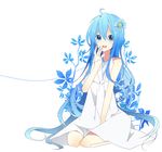  blue_eyes blue_hair dress flower hair_down hair_flower hair_ornament hatsune_miku long_hair simple_background smile solo sundress tapa very_long_hair vocaloid 