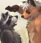  blue_eyes eye_contact hair looking_at_each_other male mammal plain_background raccoon racoonwolf size_difference topless warm_colors white_hair 