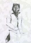  greyscale looking_at_viewer male mammal monochrome plain_background racoonwolf sketch solo suit white_background wolf 