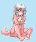  blue_background blue_hair cute dragon female hair necklace plain_background sitting skimpy solo thekitty varia 