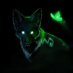  ambiguous_gender arthropod black black_background black_nose bust butterfly canine dark_theme feral floating fox fur glowing green_theme insect looking_at_viewer mammal no_pupils plain_background solo vengefulspirits 