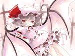  bat_wings chair dress grey_hair grin hat highres petals red_eyes remilia_scarlet ribbon sitting smile solo touhou window wings yume_shokunin 