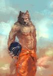  helmet looking_at_viewer male mammal muscles racoonwolf solo topless wolf 