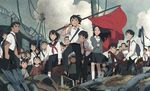  6+girls bag black_hair cloud corpse flag glasses injury multiple_boys multiple_girls original power_lines q; ruins school_bag school_uniform serafuku standing traffic_light 