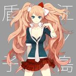  :&gt; blue_eyes bow bra breasts bunny cleavage danganronpa danganronpa_1 enoshima_junko hair_bow hair_ornament large_breasts lingerie long_hair mami_(apsaras) nail_polish necktie pink_hair plaid plaid_skirt pleated_skirt simple_background skirt smile solo twintails underwear 