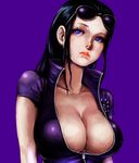  black_hair blue_eyes breasts cleavage covered_nipples jacket large_breasts lips long_hair nico_robin one_piece pitbull simple_background solo sunglasses tongue unzipped 