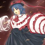  bad_id bad_pixiv_id blue_hair capelet drill frills hat hat_ribbon injury nagae_iku open_mouth orange_eyes outstretched_arms ribbon roten_(rotenburo) short_hair skirt solo spread_arms torn_clothes touhou 