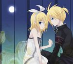  blonde_hair blue_eyes boy female flower girl kagamine_len kagamine_rin moon ponytail rose roses vocaloid 