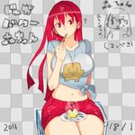  :t breasts chibi chibi_inset chopsticks eating food large_breasts long_hair midriff mori_hikiko navel original red_eyes red_hair shirt solo t-shirt teriyaki tied_shirt 