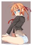  ahoge ass blue_eyes blue_panties hair_ribbon hair_up half_updo hands_on_own_knees indian_style konoe_subaru looking_back matsuno_canel mayo_chiki! no_pants orange_hair panties ribbon short_hair sitting solo striped striped_panties underwear white_panties 