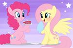  cake equine female feral fluttershy_(mlp) food fork friendship_is_magic fur hasbro horse mammal mn27 my_little_pony pegasus pink_fur pinkie_pie_(mlp) plate pony stars warm_colors wings 