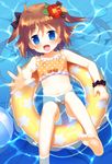  ball barefoot beachball bikini blue_eyes blush brown_hair fang feet flower hibiscus innertube lying meito_(maze) navel original polka_dot polka_dot_bikini polka_dot_swimsuit short_hair solo swimsuit twintails water 