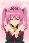 bare_shoulders bent_over blush breasts brooch cleavage detached_sleeves dress eyes_closed female hair_ribbon incoming_kiss jewelry kiss long_hair nana_asta_deviluke pink pink_hair ribbon solo strapless strapless_dress to_love-ru toloveru twintails 