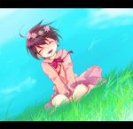  ^_^ antenna_hair austria_(hetalia) axis_powers_hetalia bad_id bad_pixiv_id bangs barefoot bow bowtie brown_hair child closed_eyes day dutch_angle flower grass hair_flower hair_ornament happy head_wreath letterboxed male_focus mole open_mouth ribbon rinzu_acco sitting sky solo v_arms wariza wind wreath 