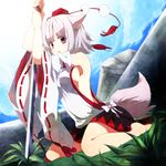  album_cover animal_ears armpits bare_shoulders barefoot breasts cover hat hirasaka_ine inubashiri_momiji katana kneeling looking_at_viewer medium_breasts no_bra pom_pom_(clothes) red_eyes short_hair sideboob sitting skirt solo sword tail tassel tokin_hat touhou wariza weapon white_hair wolf_ears wolf_tail 