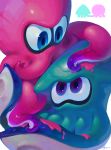  2others ayumi_(830890) blue_eyes eye_contact green_skin highres ink inkling looking_at_another multiple_others octoling octopus pink_skin purple_eyes signature simple_background splatoon splatoon_(series) splatoon_2 squid suction_cups tentacle white_background 