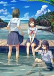  akino_komichi barefoot beach black_hair blue_eyes brown_hair day dock flower glasses multiple_girls ocean original outdoors partially_submerged school_uniform serafuku sitting skirt soaking_feet v_arms wading water wet wet_clothes 