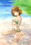  acrylic_paint_(medium) bad_id bad_pixiv_id banned_artist barefoot beach bikini breast_hold breasts brown_eyes brown_hair cleavage covering covering_breasts day hair_ribbon hairband medium_breasts navel ocean off_shoulder orange_hairband outdoors palm_tree ribbon sand sarah_sauge short_hair side-tie_bikini sitting solo striped striped_bikini striped_swimsuit suzumiya_haruhi suzumiya_haruhi_no_yuuutsu swimsuit traditional_media tree untied wariza water yellow_eyes 