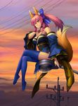 animal_ears bare_shoulders blue_legwear breasts cleavage crossed_legs detached_sleeves fate/extra fate_(series) fox_ears fox_tail highres irie japanese_clothes large_breasts legs long_legs no_shoes one_eye_closed pink_hair sidelocks sitting solo sunset tail tamamo_(fate)_(all) tamamo_no_mae_(fate) thighhighs thighs twintails yellow_eyes 