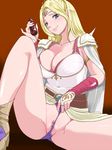  armband blonde_hair blue_eyes boots bottle breasts bridal_gauntlets cape censored cleavage final_fantasy final_fantasy_iv large_breasts long_hair okurapuchi panties panty_pull partially_visible_vulva rosa_farrell shoulder_pads sitting smirk solo spread_legs underwear 