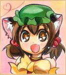  :d alternate_hairstyle animal_ears bad_id bad_pixiv_id blush border brown_hair cat_ears chen colored_pencil_(medium) face fang hair_bobbles hair_ornament hat heart heart-shaped_pupils heart_of_string open_mouth short_hair short_twintails smile solo symbol-shaped_pupils takamoto_akisa touhou traditional_media twintails 