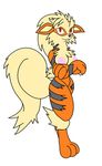  abstract_background anthro anthrofied arcanine black black_markings breasts canine cream_coloured crossed_arms digitigrade fangs female gb_of_bs mammal markings nintendo nipples orange orange_body plain_background pok&#233;mon pok&#233;morph pok&eacute;mon red_eyes simple_background solo stripes thighs video_games white_background 