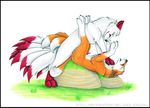  anal anal_penetration anthro canine duo ears_back eyes_closed fox fur gay josepaw legs_up lying male mammal multiple_tails ninetales nintendo nude on_back penetration penis pok&#233;mon sex tail video_games white white_fur 