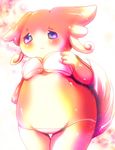  big_ears blush bra breasts chubby clothed clothing female frown hand_on_breast kuma25-ya nintendo overweight panties pok&#233;mon pok&eacute;mon purple_eyes skimpy solo standing tail underwear video_games 