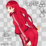  ass chibi chibi_inset jacket long_hair looking_back mori_hikiko original pants red_eyes red_hair teriyaki track_suit translation_request 