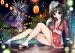  aerial_fireworks aldehyde bad_id bad_pixiv_id black_eyes black_hair blush candy_apple clog_sandals fireworks food glowstick hair_bobbles hair_ornament japanese_clothes kimono lantern legs licking long_hair long_legs mask okobo original paper_lantern red_kimono revision sitting solo yukata 