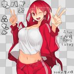  breasts chibi chibi_inset jacket large_breasts long_hair midriff mori_hikiko original pants red_eyes red_hair solo teriyaki track_jacket track_pants v 