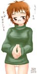  1girl blush bottomless brown_eyes brown_hair glasses ikkyuu no_panties pussy short_hair simple_background solo sweater uncensored 
