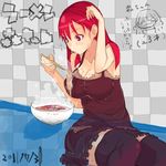  breasts chibi chibi_inset chopsticks cleavage eating food holding holding_chopsticks large_breasts long_hair mori_hikiko noodles original ramen red_eyes red_hair solo sweat teriyaki thick_thighs thighs 