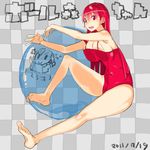  ball barefoot breast_press breasts chibi chibi_inset cleavage feet hands large_breasts long_hair mori_hikiko original red_eyes red_hair solo teriyaki 