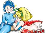  blonde_hair blush capcom eyes_closed fellatio green_eyes hair_ribbon incest oral panties pantyshot ponytail ribbon rockman rockman_(character) rockman_(classic) rockman_(original) roll underwear 