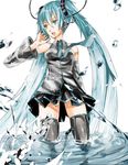  aqua_eyes aqua_hair bad_id bad_pixiv_id detached_sleeves hatsune_miku headphones long_hair necktie open_mouth saihate_(d3) simple_background skirt solo thighhighs twintails very_long_hair vocaloid wading water 
