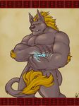  biceps big_muscles blonde_hair canine demon fire fur hair horn male mammal muscles ninjav nude pecs pose pubes pubic_hair solo tail warm_colors wolf yellow yellow_eyes 