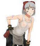  bandaid bandaid_on_arm bare_shoulders breasts brown_eyes earrings gloves god_eater god_eater_burst goggles goggles_on_head hand_on_hip jack_hamster jewelry kusunoki_rikka leaning_forward nipples see-through short_hair silver_hair small_breasts smile solo stud_earrings tank_top 
