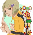  blonde_hair bodysuit bruce_lee's_jumpsuit chinese_clothes detached_sleeves dragon_kid dual_persona fighting_stance green_eyes green_hair hair_ornament hairclip huang_baoling nowhere1210 orange_bodysuit short_hair shorts staff superhero thighhighs tiger_&amp;_bunny 