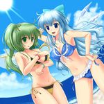  alternate_breast_size alternate_hairstyle bikini blue_eyes blue_hair bow bracelet breasts cirno cleavage covering covering_breasts daiyousei dutch_angle embarrassed frilled_bikini frills front-tie_top green_eyes green_hair hair_bow hair_ribbon hand_on_hip highres ice ice_wings jewelry large_breasts light_rays long_hair multiple_girls nail_polish navel older ribbon shiny shiny_skin side-tie_bikini side_ponytail string_bikini sun sunbeam sunlight swimsuit touhou unshu_mikan water wings 