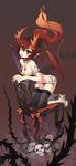  black_legwear boots breasts chair collar dragon dragon_girl dragon_tail dragon_wings earrings fang highres horns jewelry large_breasts long_hair monster_girl necklace open_mouth original pointy_ears ponytail red_eyes red_hair skull solo spiked_collar spikes tail taruk thighhighs wings 
