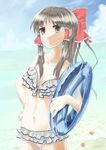  bad_id bad_pixiv_id bikini bow brown_eyes brown_hair frilled_bikini frills hair_bow hair_tubes hakurei_reimu innertube long_hair ocean solo swimsuit touhou water y_(sy20) 