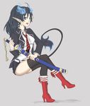  ao_no_exorcist bad_id bad_pixiv_id belt black_hair blue_eyes boots breasts cleavage full_body genderswap genderswap_(mtf) highres long_hair medium_breasts necktie okumura_rin open_mouth pointy_ears school_uniform sheath short_shorts shorts simple_background sitting solo striped striped_neckwear tail thighhighs weapon 