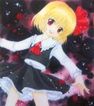  ascot blonde_hair hair_ribbon open_mouth outstretched_arms red_eyes ribbon rumia short_hair skirt smile solo spread_arms touhou traditional_media w0ru 